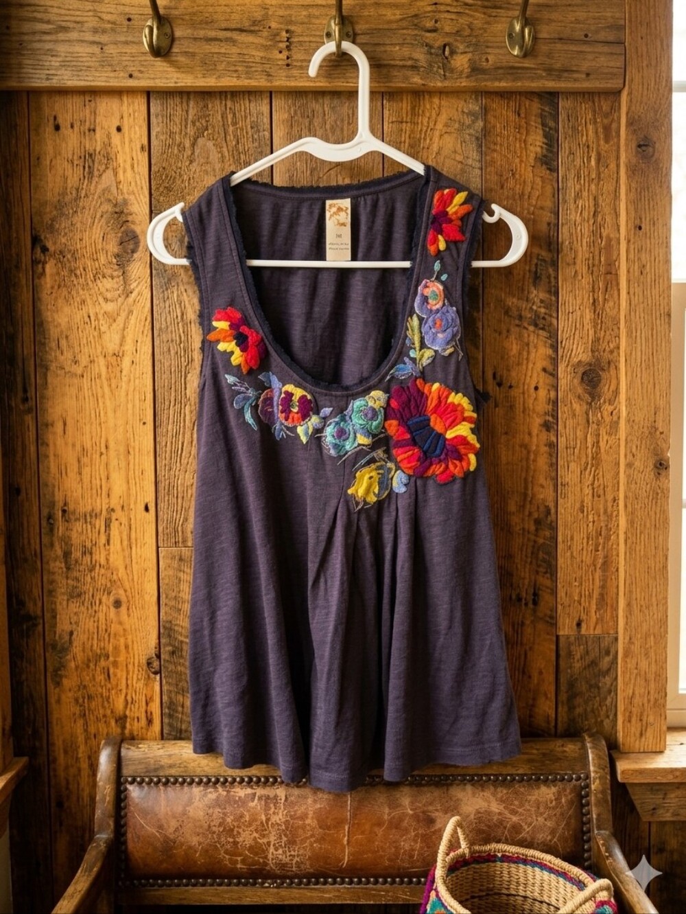 Anthropologie C. Keer Embroidered Floral Tank Top Grey Size M Boho Raw Edge
